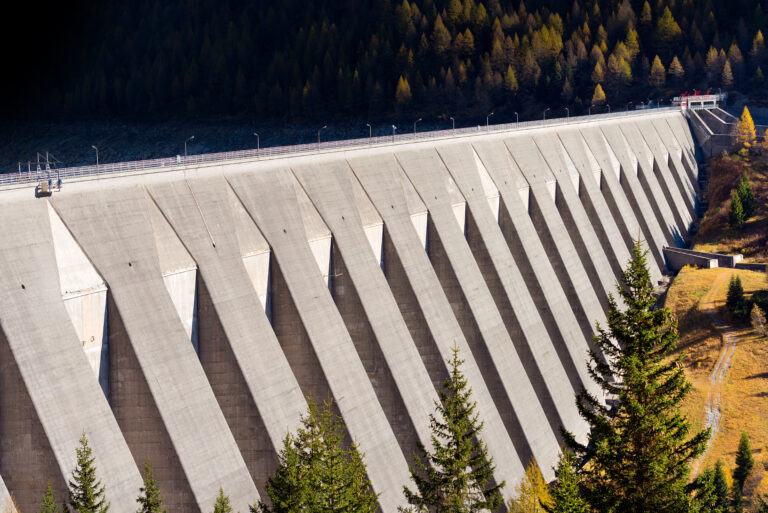 Bissina Dam (1962). Straight concrete dam in the National Park of Adamello Brenta. Trentino Alto Adige, Italy