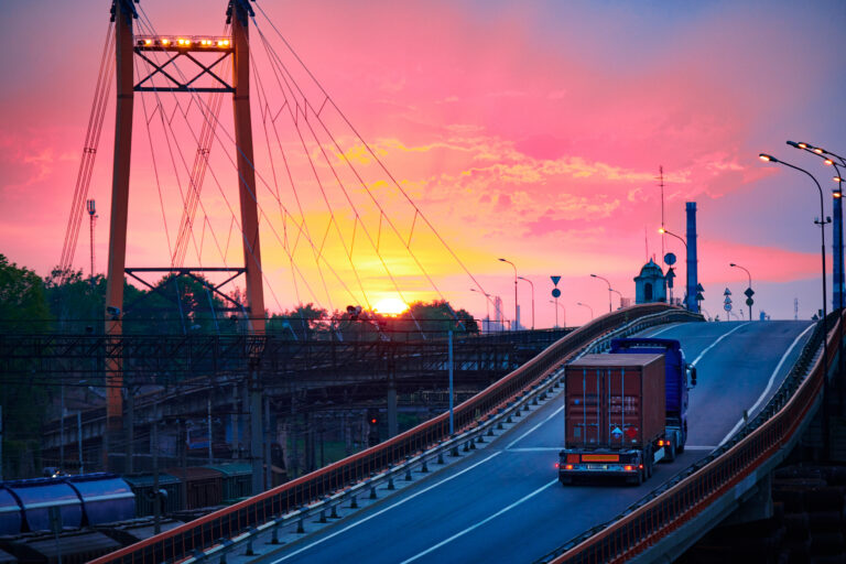 truck with container rides on the road, railroad transportation, freight cars in industrial seaport at sunset